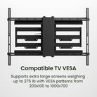 Black TV wall mount with text on a white background