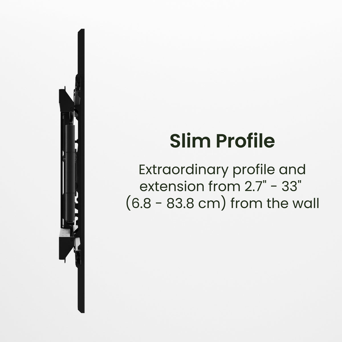 Slim profile extension bracket on a white background with text detailing its range.