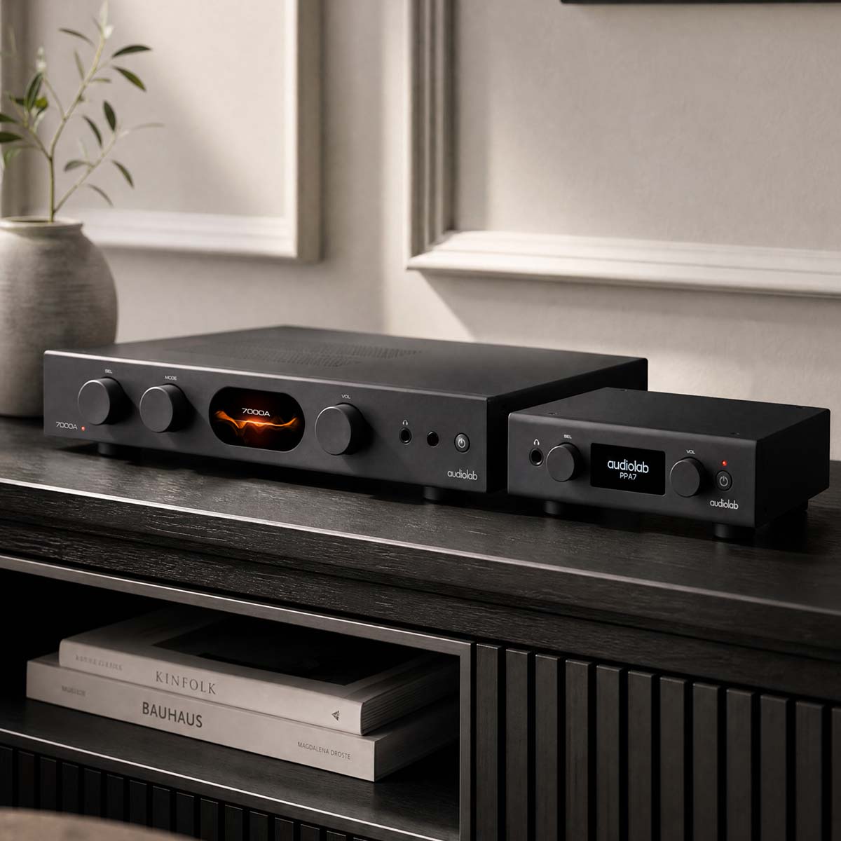 Audiolab PPA7 Phono Preamplifier - Black - lifestyle photo of unit on cabinet to right of amplifier