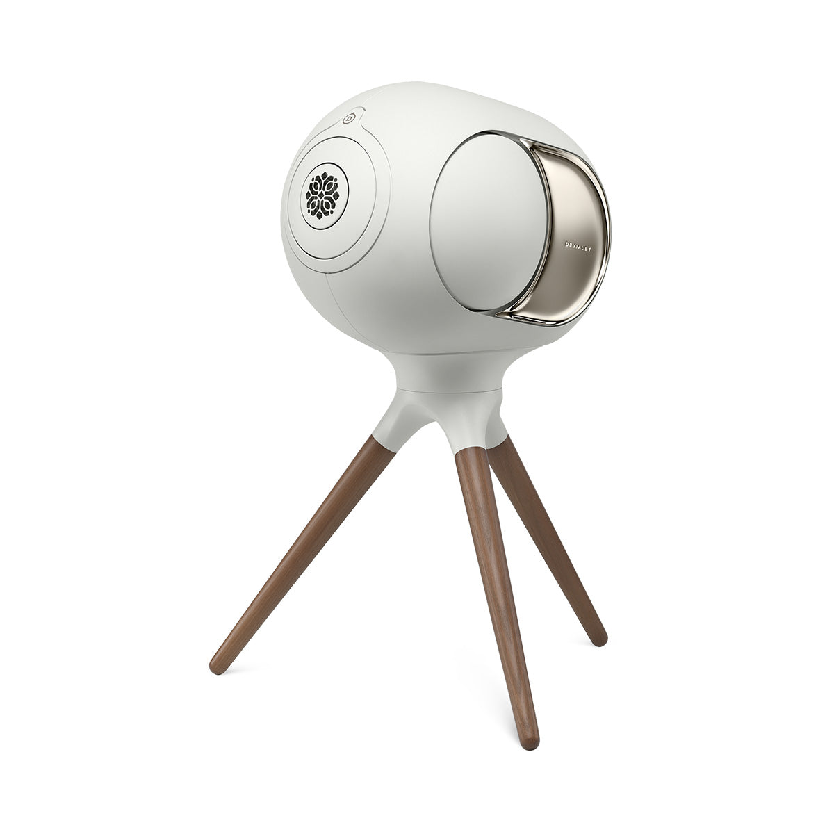 Devialet Phantom Ultimate 108 dB High-End Connected Speaker - Light Pearl - speaker on Devialet Light Pearl Treepod stand angled left