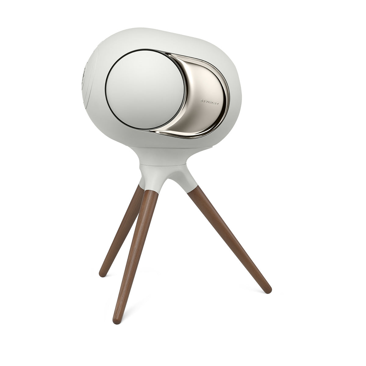 Devialet Phantom Ultimate 108 dB High-End Connected Speaker - Light Pearl - speaker on Devialet Light Pearl Treepod stand facing left