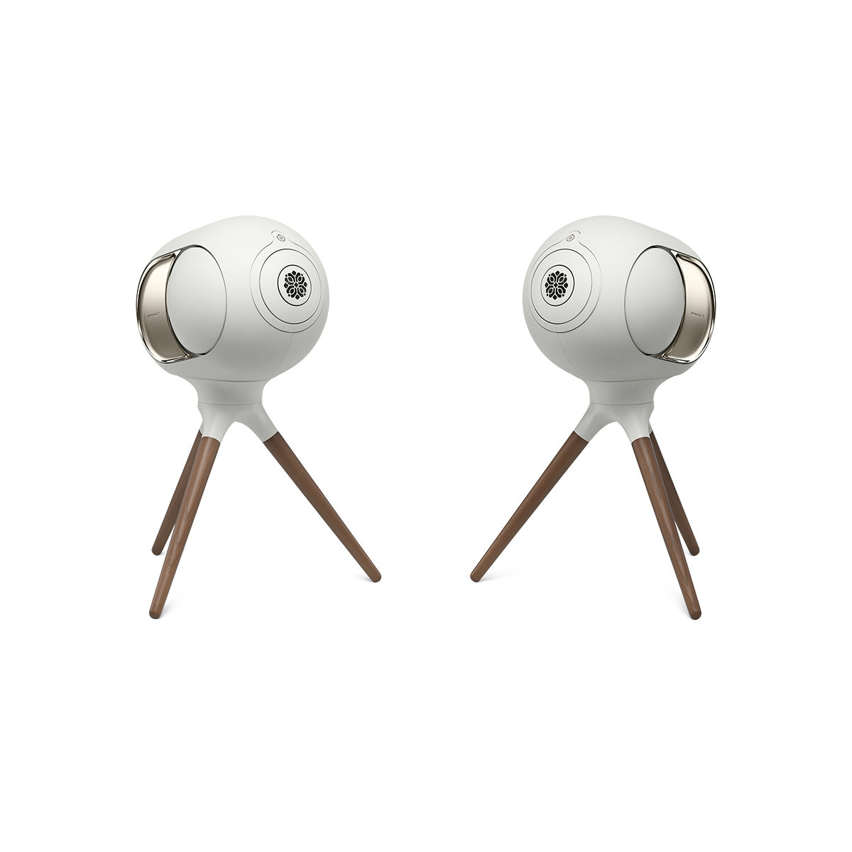 Devialet Phantom Ultimate 108 dB High-End Connected Speaker - Light Pearl - pair of speakers on Devialet Light Pearl Treepod stands facing inwards