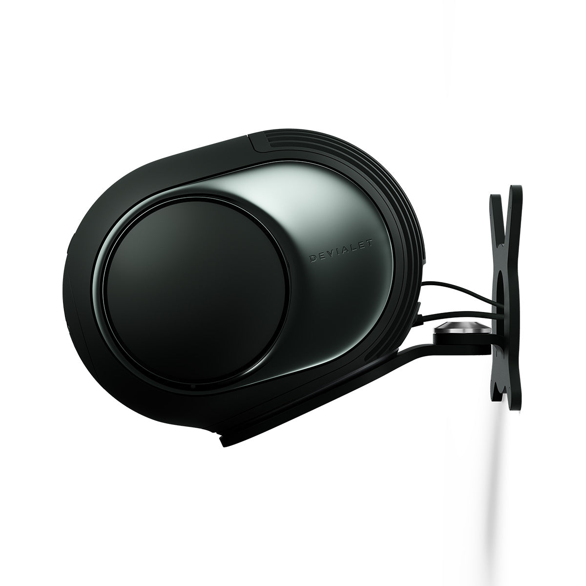 Devialet Phantom Ultimate 98 dB High-End Connected Speaker - Deep Forest - single speaker on Devialet Gecko wall mount facing left