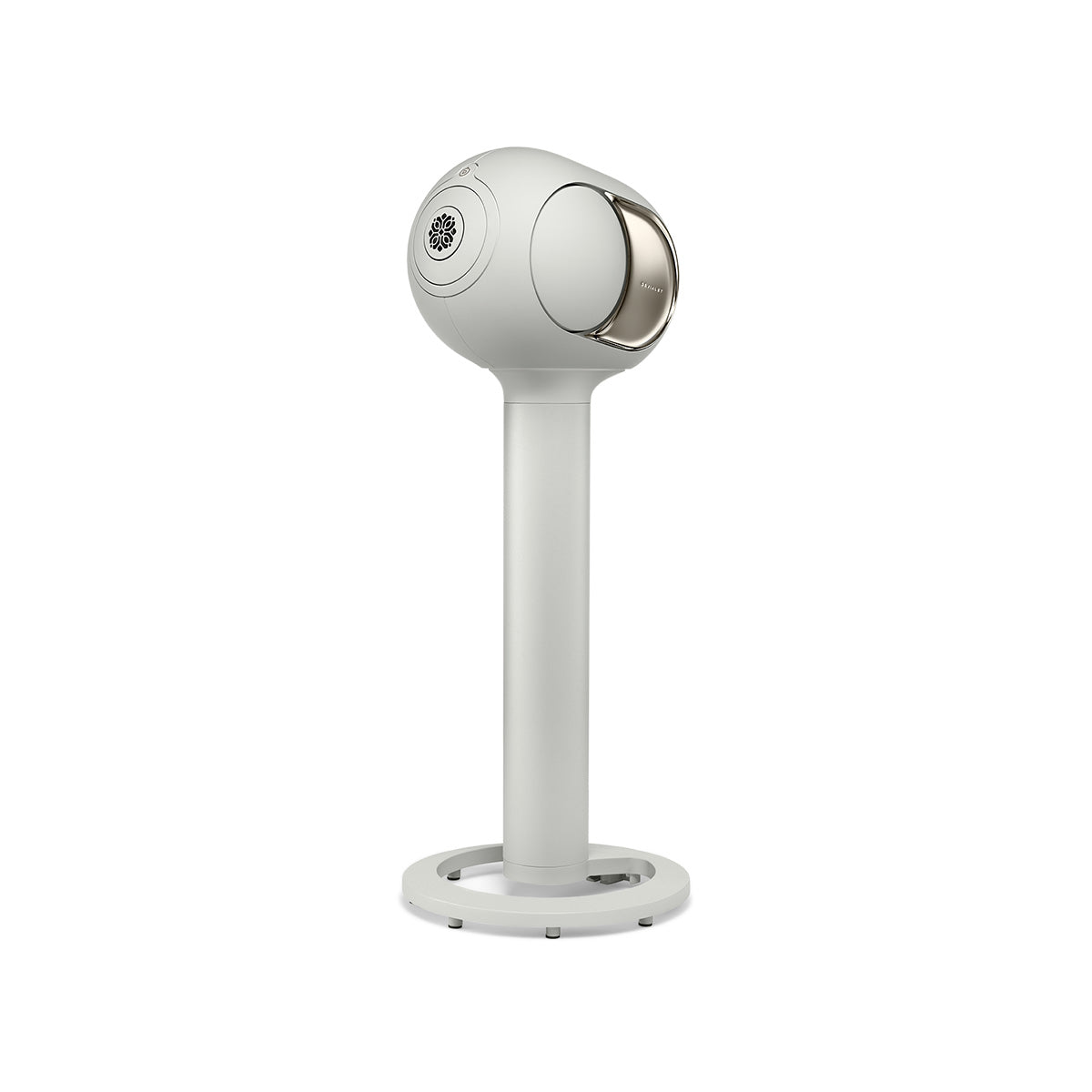 Devialet Phantom Ultimate 108 dB High-End Connected Speaker - Light Pearl - speaker on Devialet Tree stand angled left