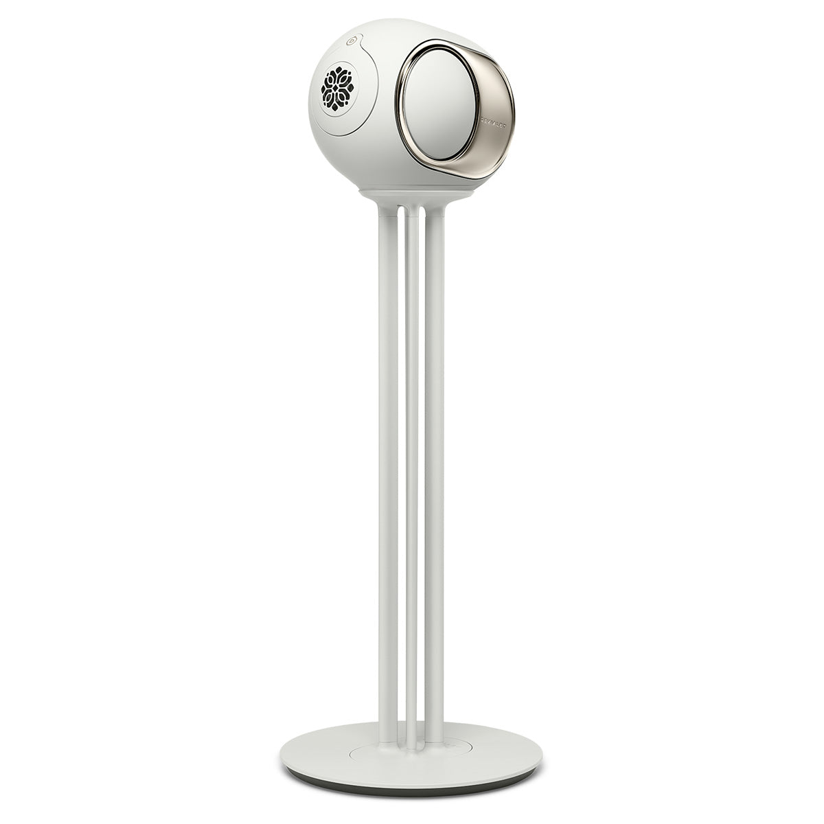 Devialet Phantom Ultimate 98 dB High-End Connected Speaker - Light Pearl - speaker on Light Pearl Devialet Tree stand angled left