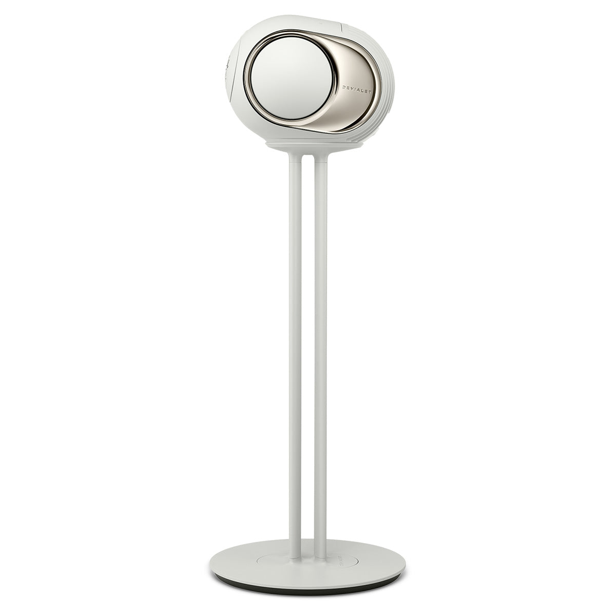 Devialet Phantom Ultimate 98 dB High-End Connected Speaker - Light Pearl - speaker on Light Pearl Devialet Tree stand side view facing left
