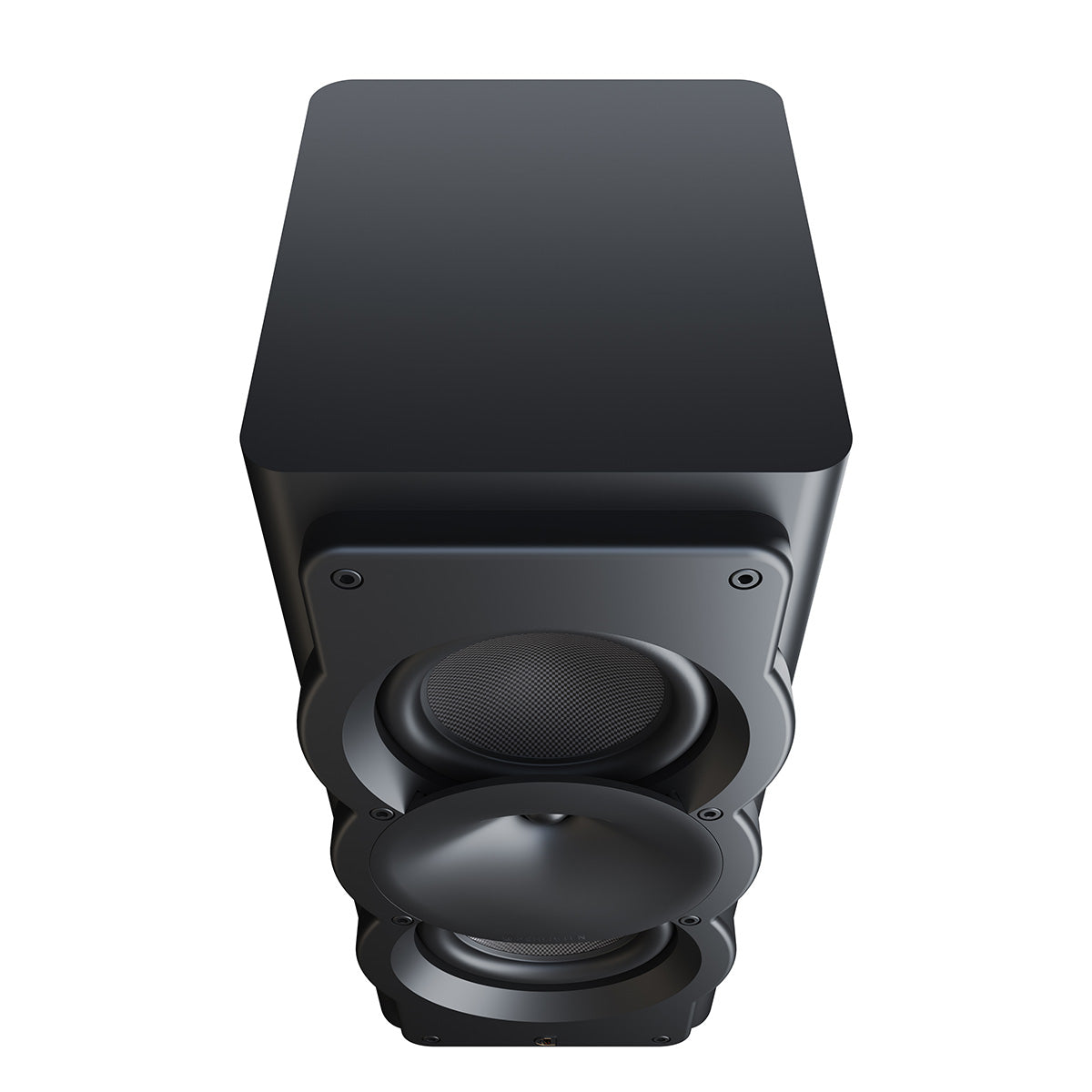 Perlisten Audio A3m LCR-Bookshelf Speaker - Matte Black - single speaker front and top view angled down