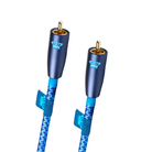 Blue braided REL Acoustics Commodore .1/LFE Subwoofer Cable with gold RCA connectors and blue logo accents, shown on a white background.