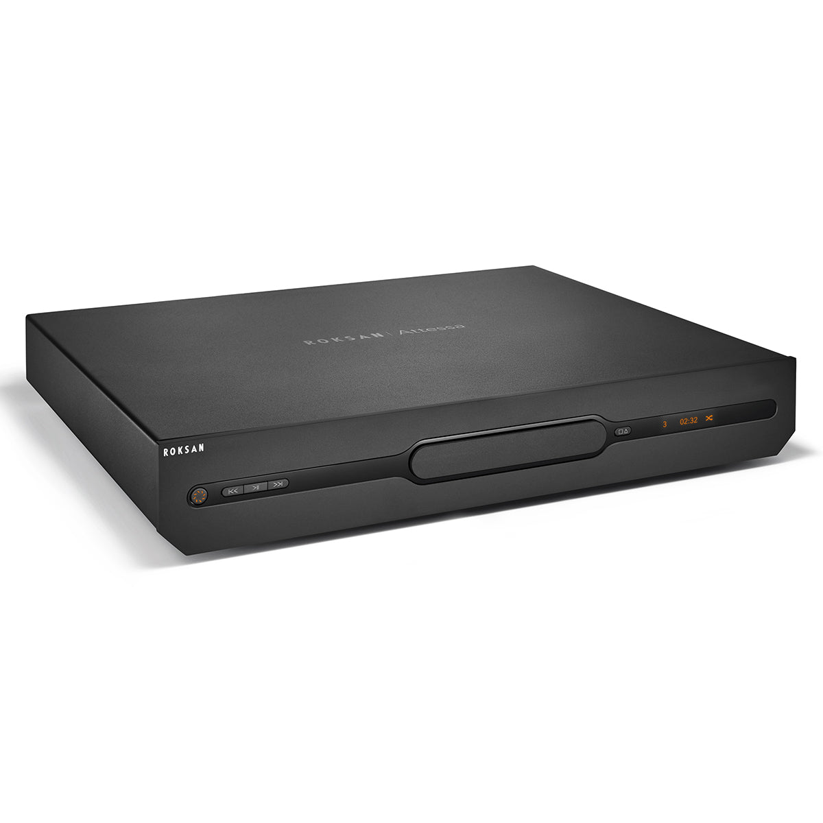 Angled front view of Roksan Attessa CD Transport in the color black