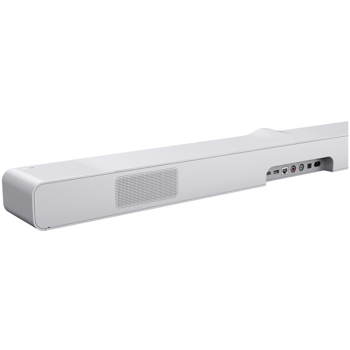 WiiM Bar 3.0.2 Soundbar with Dolby Atmos - Matte White - rear view detail of left rear side
