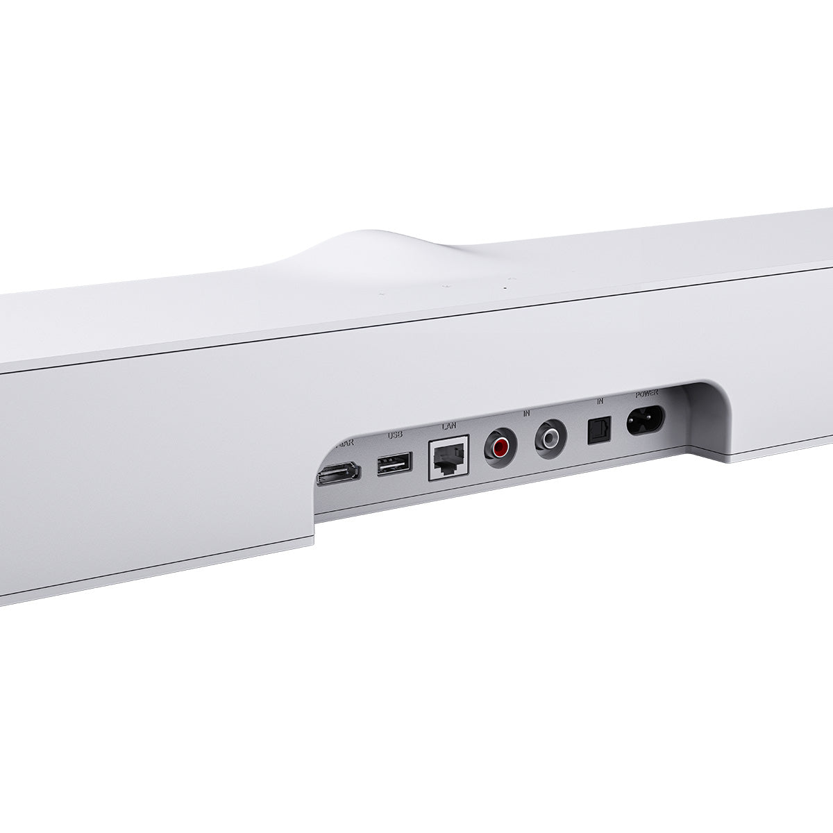 WiiM Bar 3.0.2 Soundbar with Dolby Atmos - Matte White - rear view close-up detail of rear inputs