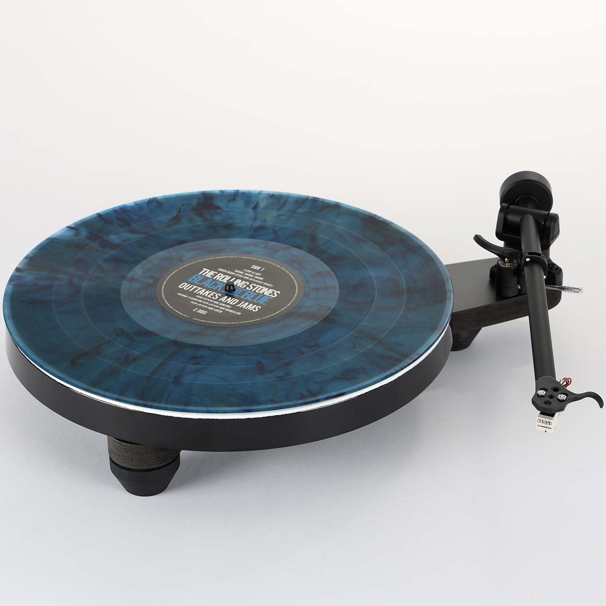 Rega Replay Turntable - front view with blue record on platter