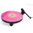 Rega Replay Turntable - front view and top view with platter and pink record on mat