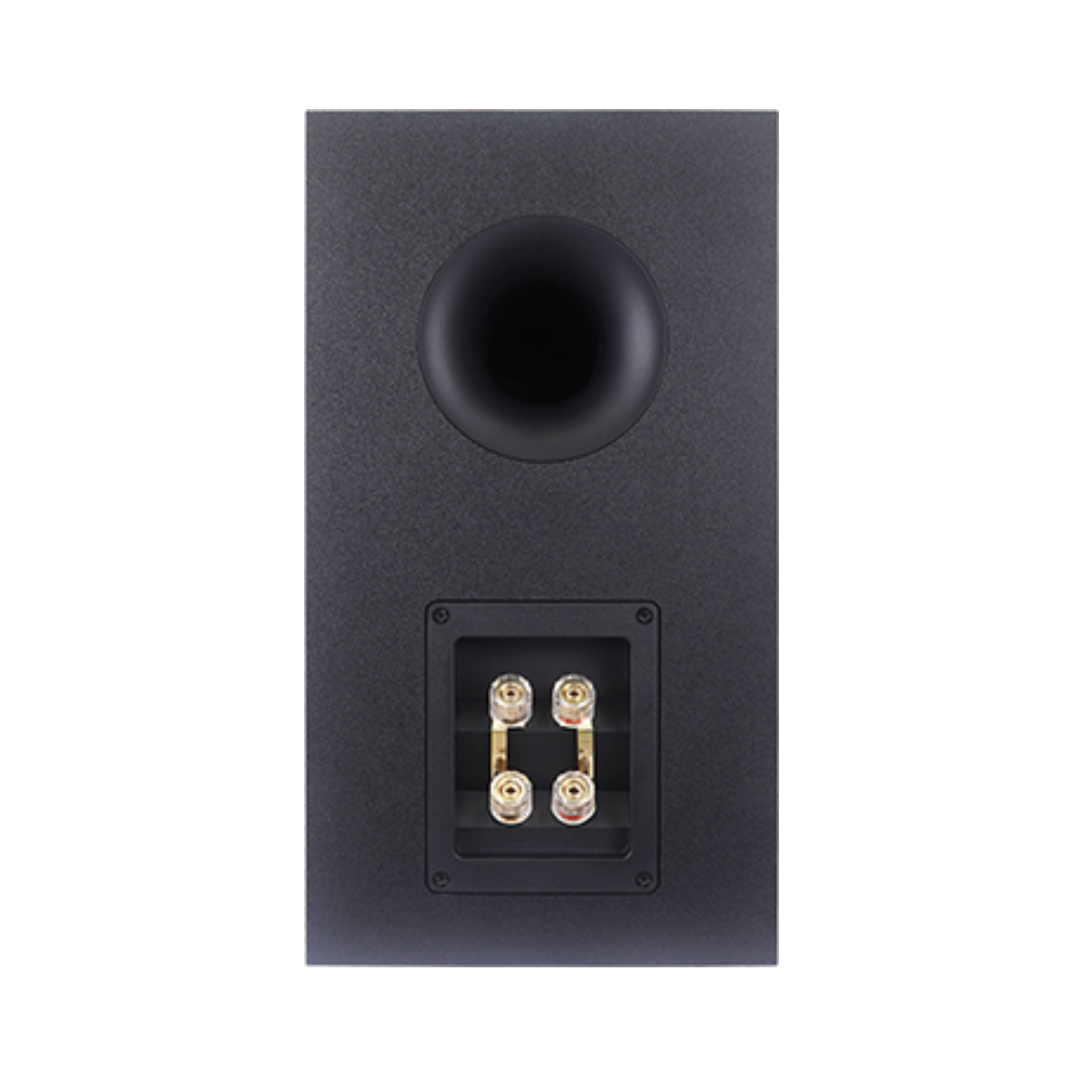 The rear view of a black Rotel Amora 5 Bookshelf Loudspeakers featuring a circular port and a metal terminal plate with four gold-plated binding posts, shown against a plain white background.
