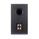 The rear view of a black Rotel Amora 5 Bookshelf Loudspeakers featuring a circular port and a metal terminal plate with four gold-plated binding posts, shown against a plain white background.
