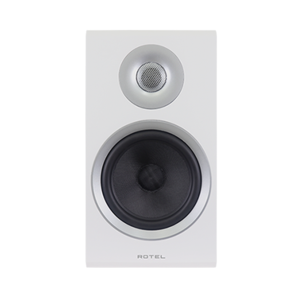 A white Rotel Amora 5 bookshelf speaker with a silver-topped tweeter and a large black woofer, shown against a plain white background.