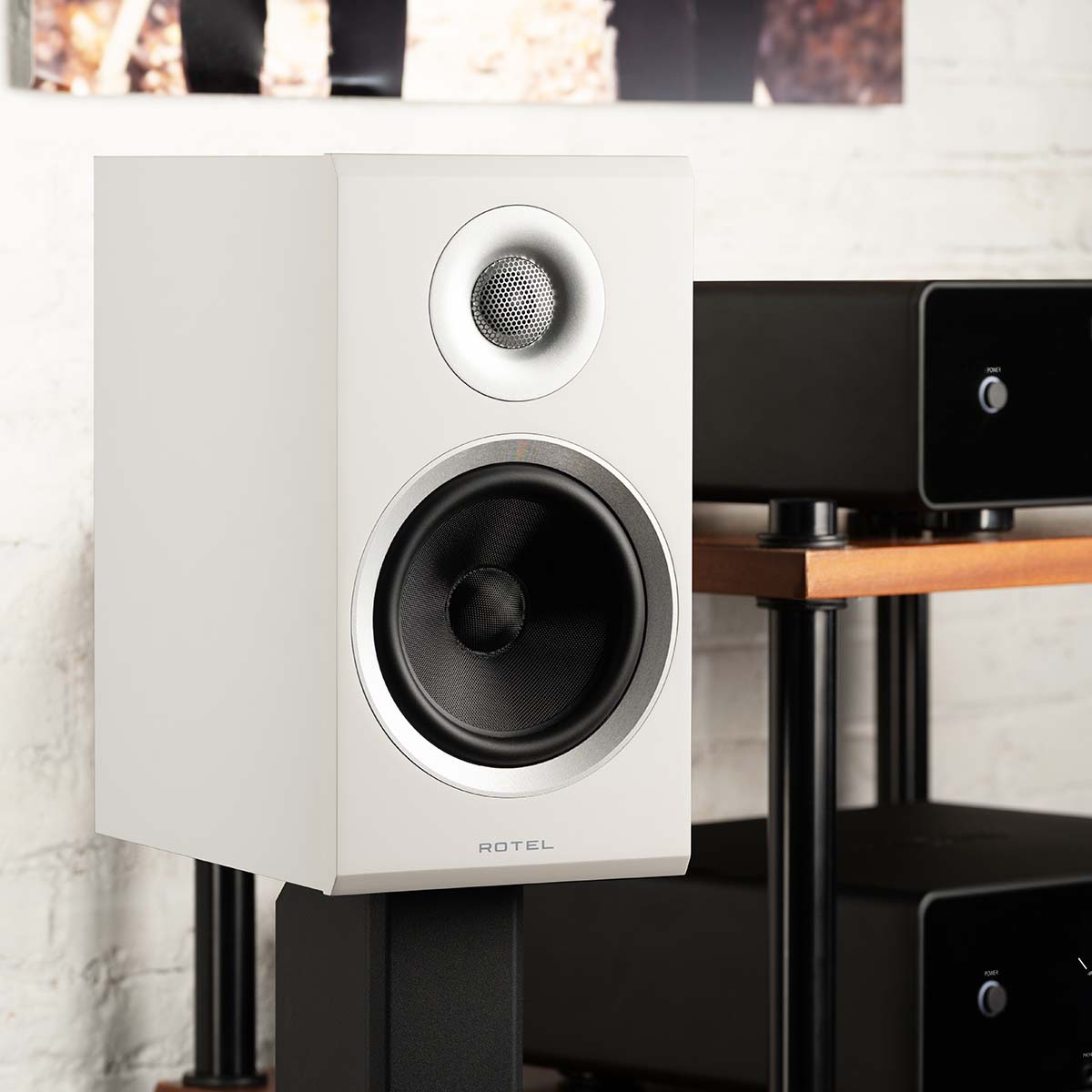 Rotel Amora 5 Passive Bookshelf Loudspeakers - White - Lifestyle photo front and side view angled right without grille