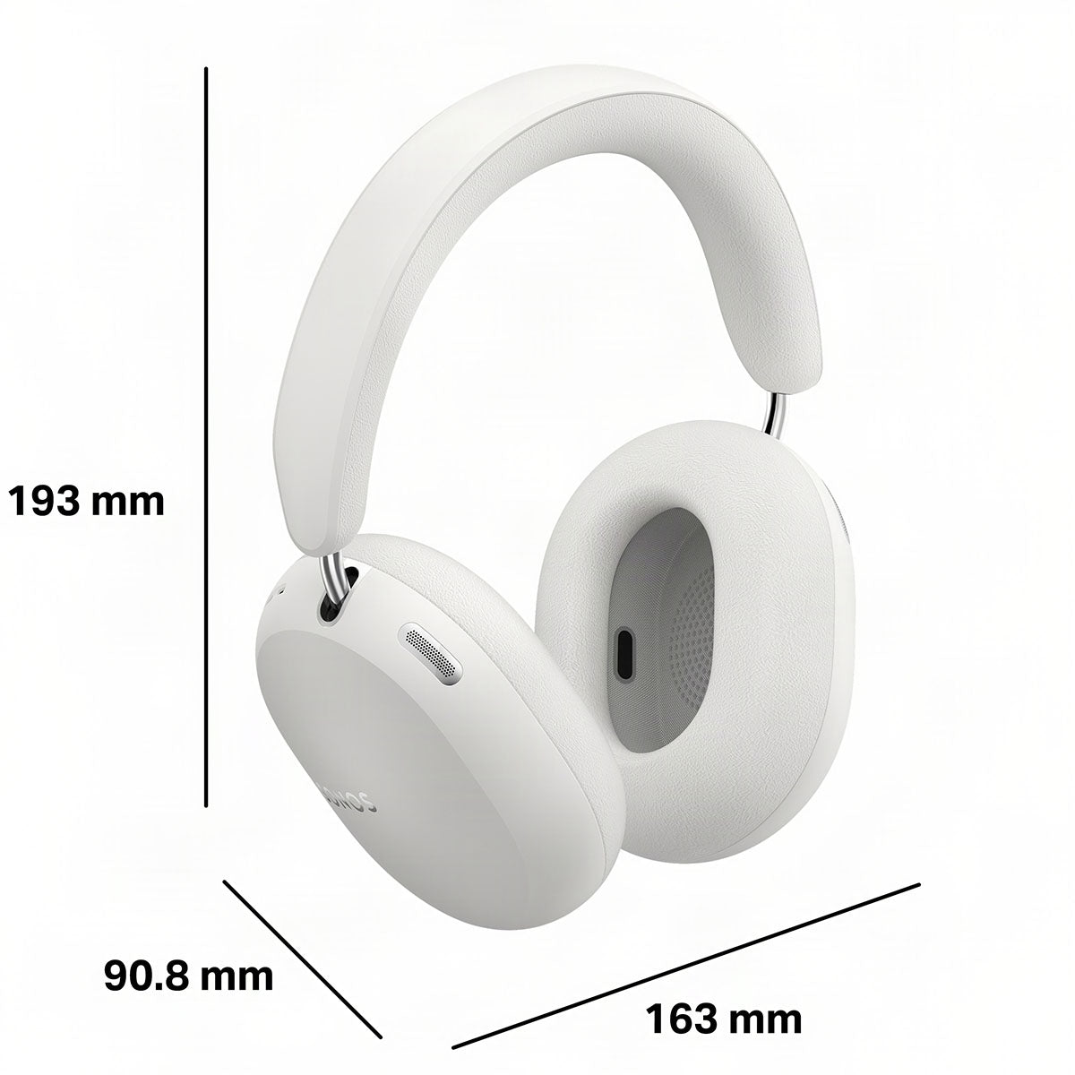 Sonos Ace Ultra Wireless Over-Ear Headphones - white - front and side view angled right with measurements in millimeters around unit