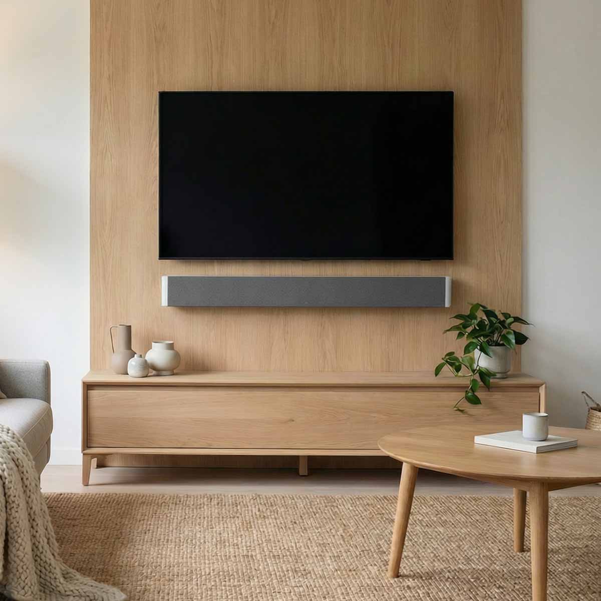 Lyngdorf SB-75 Passive Stereo Speaker Bar - lifesyle photo of unit mounted below TV