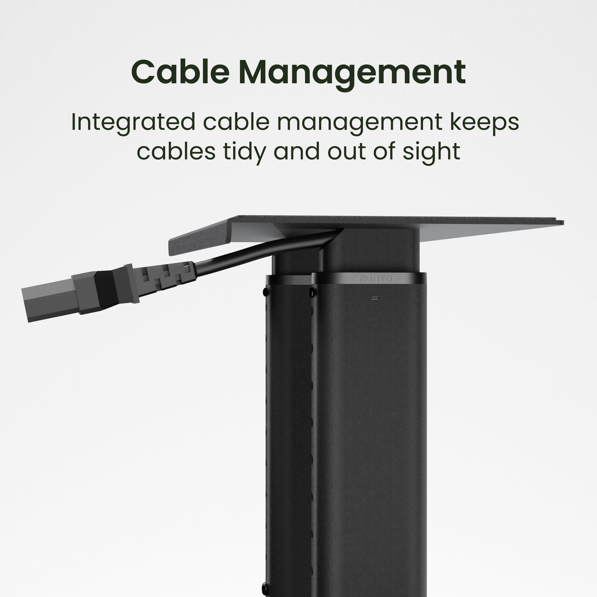 Black adjustable desk with integrated cable management system on a white background