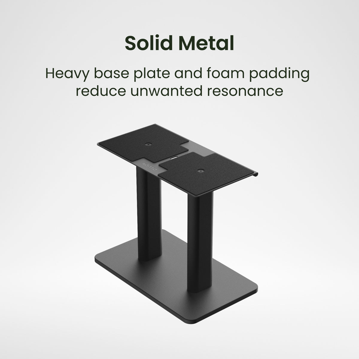 Black metal stand with text on a white background