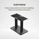 Black metal stand with text on a white background