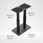Black adjustable stand with dimensions labeled on a light gray background