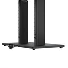 Black metal stand with adjustable base on a white background