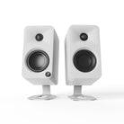 Kanto SU2 Uki & Ora Speaker Stands - white pair with white Ora speakers - front view