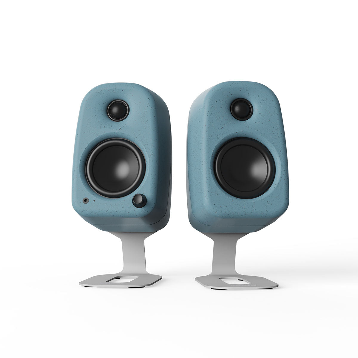 Kanto SU2 Uki & Ora Speaker Stands - white pair with blue Uki speakers - front view