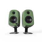 Kanto SU2 Uki & Ora Speaker Stands - black pair with green Uki speakers - front view