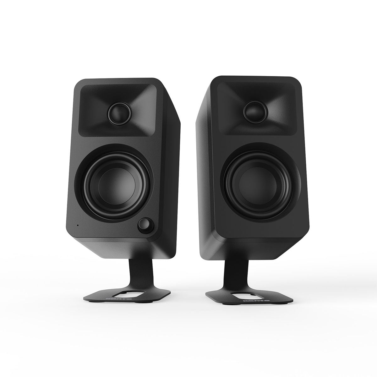 Kanto SU2 Uki & Ora Speaker Stands - black pair with black Ora speakers - front view