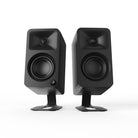 Kanto SU2 Uki & Ora Speaker Stands - black pair with black Ora speakers - front view