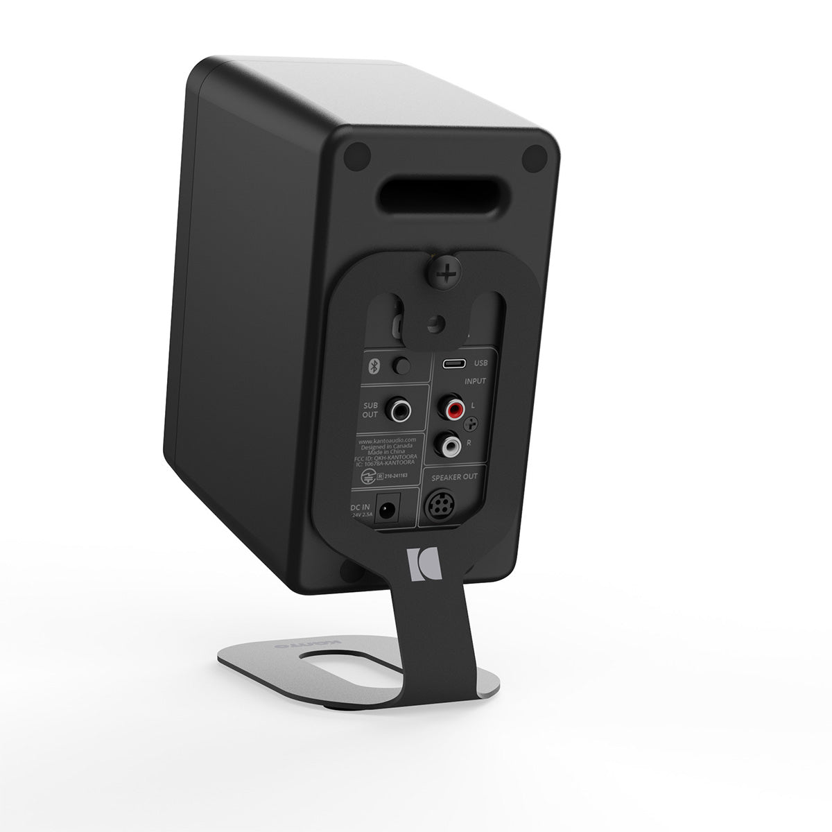 Kanto SU2 Uki & Ora Speaker Stands - single black with black Ora speaker - angled rear view