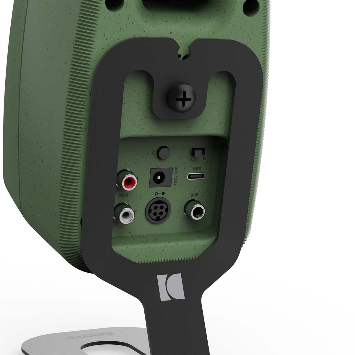 Kanto SU2 Uki & Ora Speaker Stands - single black with green Uki speaker - zoomed and angled rear view