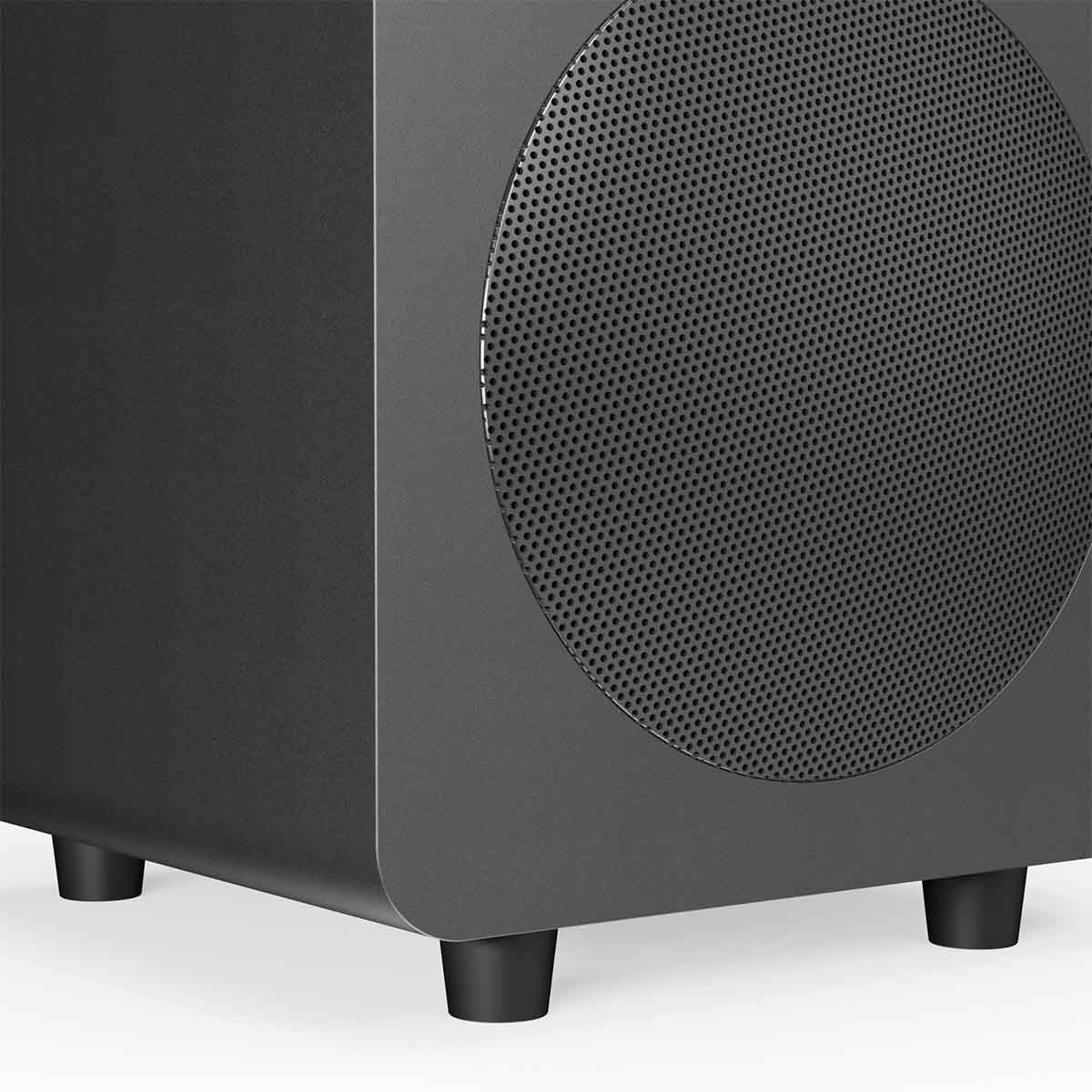 Kanto SUB6 Powered Subwoofer - matte black - zoomed and angled front view of lower corner