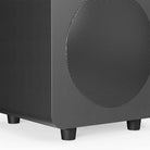 Kanto SUB6 Powered Subwoofer - matte black - zoomed and angled front view of lower corner