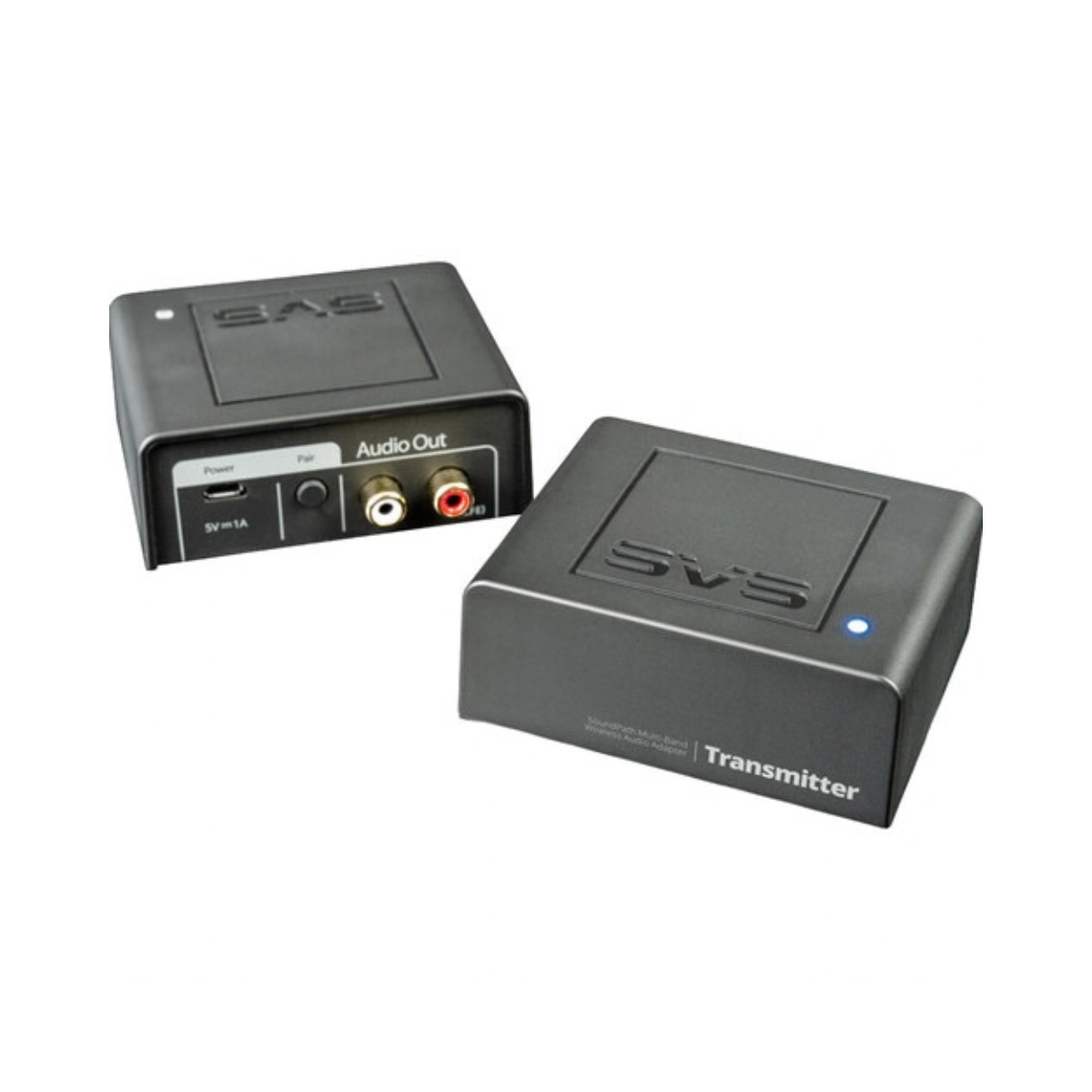 Two black SVS audio equipment boxes on a white background, one labeled 'Audio Out' showing input/output jacks, and the other labeled 'Transmitter' with a blue indicator light.