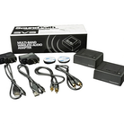Sound Path SVS multi-band wireless audio adapter kit with its retail box, power adapter, cables, and transmitter on a white background.