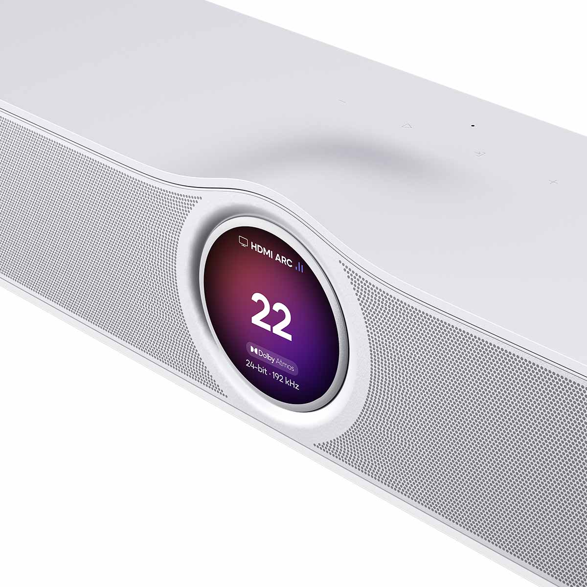 WiiM Bar 3.0.2 Soundbar with Dolby Atmos - Matte White - front view angled left close-up detail of front display