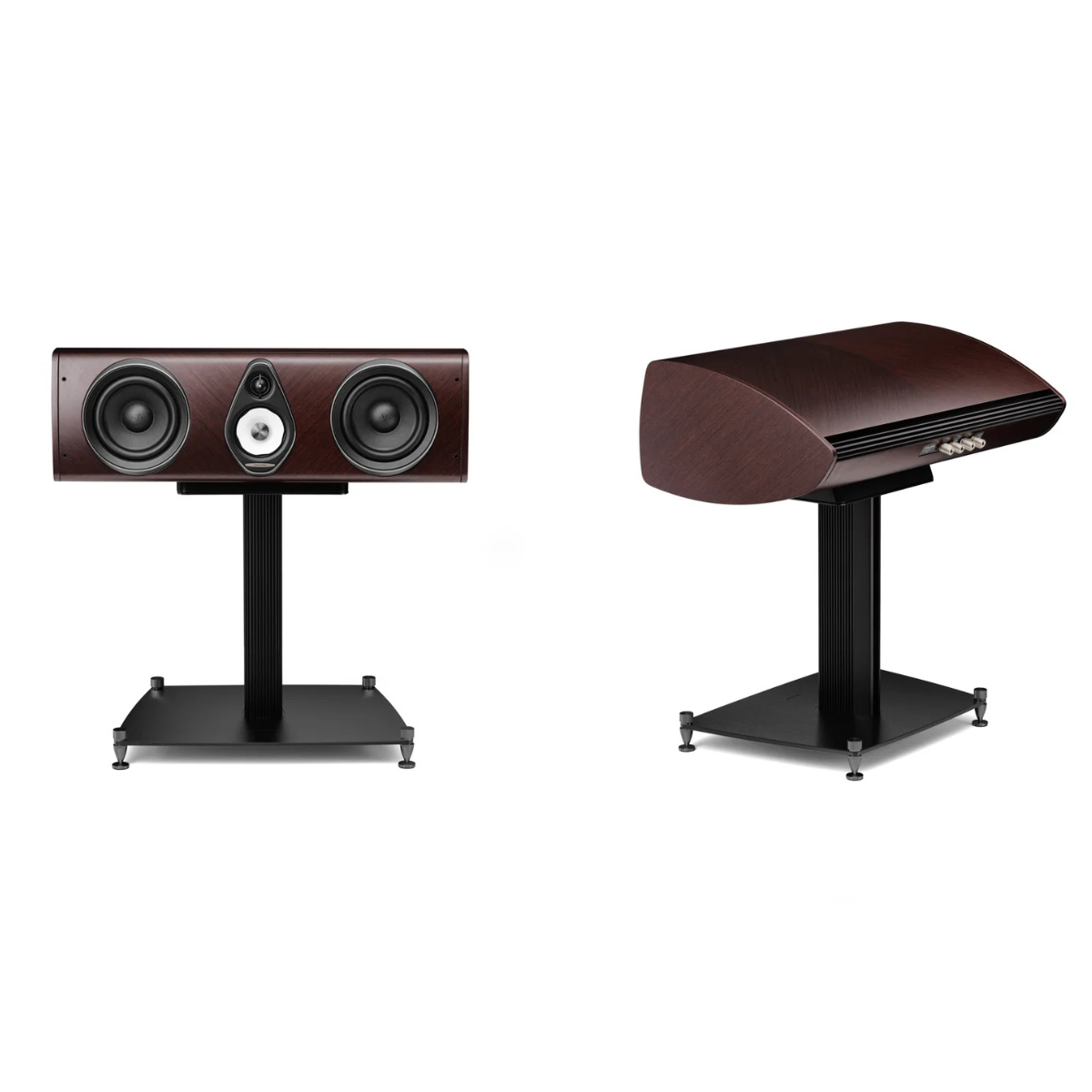 Two high-end audio speakers on black stands against a white background: a rectangular front-facing speaker with a dark wood-grain finish and a curved dome-shaped speaker on the right, both showing the Sennheiser brand logo on the wood-grain face.