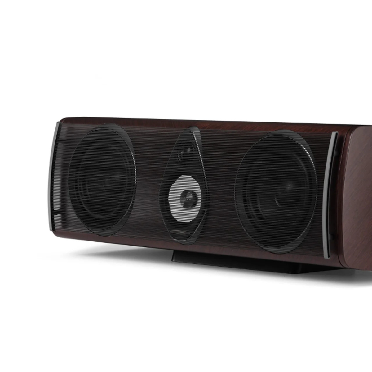 A close-up of a wood-finish speaker cabinet with two large black front speakers and a central tweeter, shown on a clean white background.