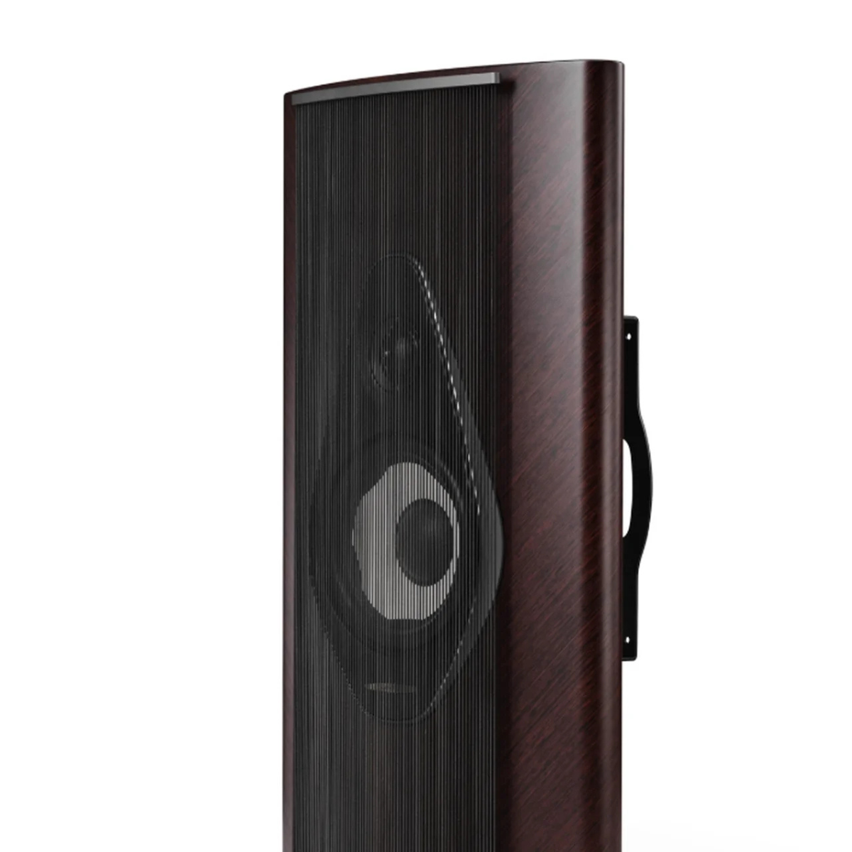 A Sonus Faber Olympica G3 W On-Wall Speaker  with a dark wood-grain finish and a circular driver, shown against a plain white background.