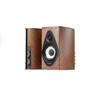 A pair of bookshelf speakers with a brown wood-grain finish, showing the front and side views against a plain white background.