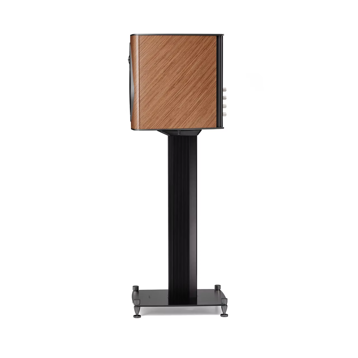 A modern speaker on a black floor stand, featuring a wood-grain front panel and a sleek black stand with a glass shelf base, shown against a plain white background.