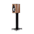 A tower-style floorstanding bookshelf speaker with a wood-grain cabinet and black stand, shown on a plain white background.