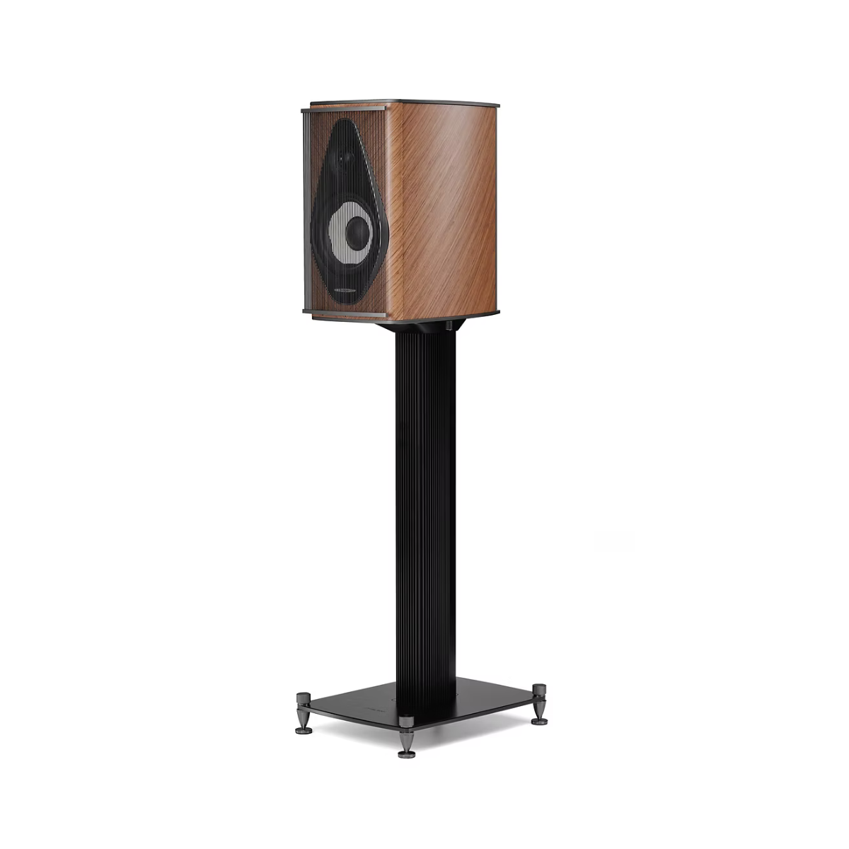 A floor-standing bookshelf speaker on a black metal stand, featuring a wood-grain cabinet and a black front baffle with a circular speaker driver.