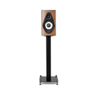 A single bookshelf speaker with a wood-grain cabinet, black front grille, and white inner driver, mounted on a tall black stand with a square base, shown on a plain white background.