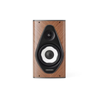 A single bookshelf speaker with a wood-grain finish and a black front baffle featuring a white and black woofer and a smaller black tweeter, shown against a plain white background.