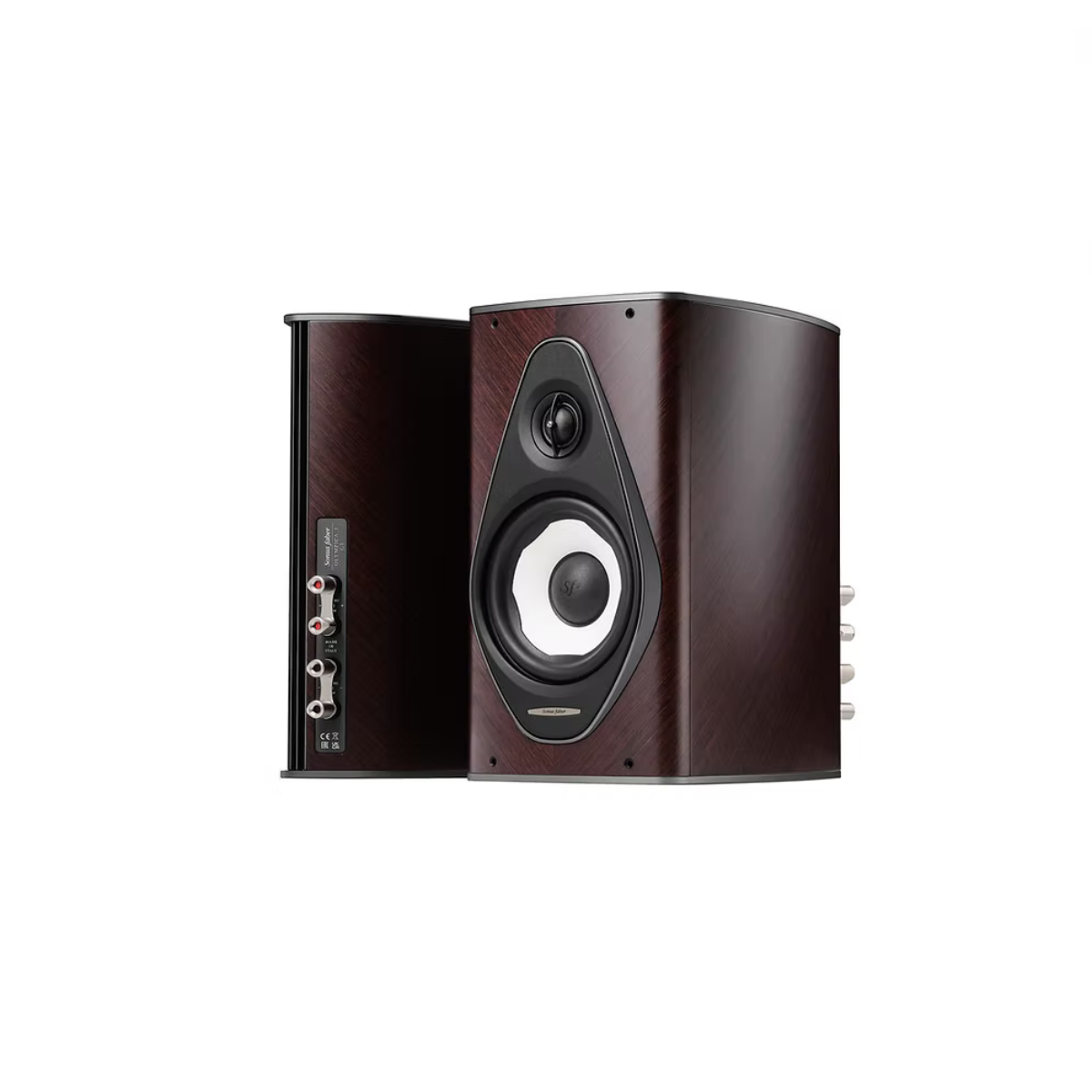 A pair of bookshelf speakers with dark brown wood-grain finishes, showing the front and side views against a plain white background.